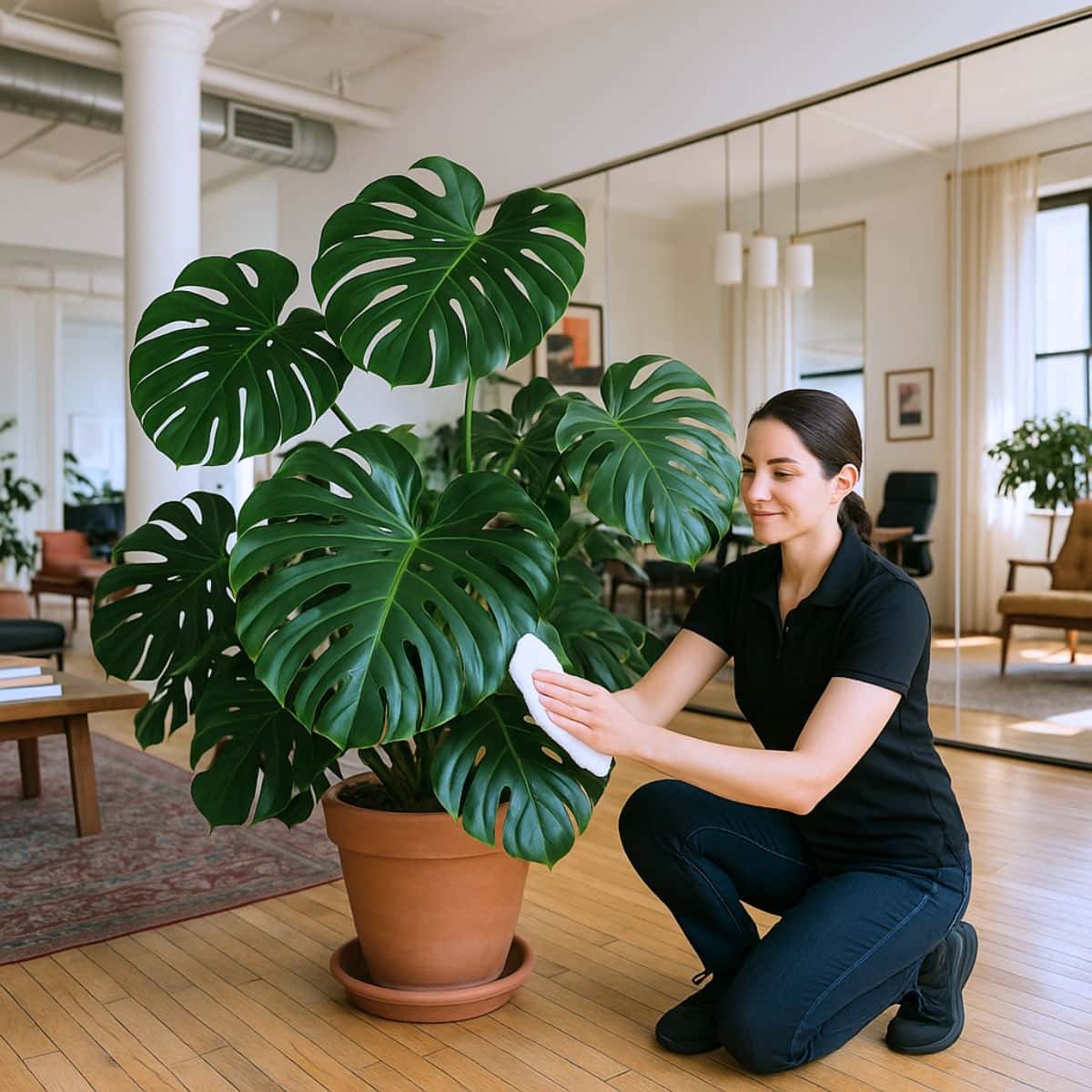 Woman cleaning large Monstera plant leaves in modern NYC office
