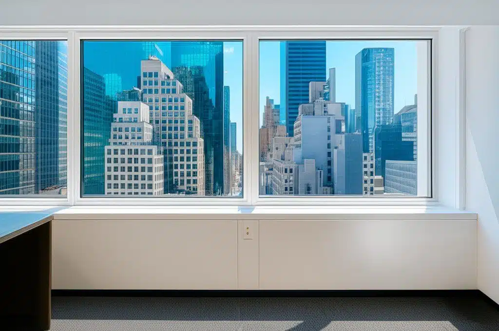 Modern office view with New York City skyscrapers in the background.
