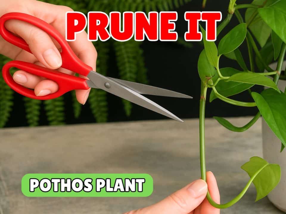 Pruning pothos plant with red scissors for healthy growth.