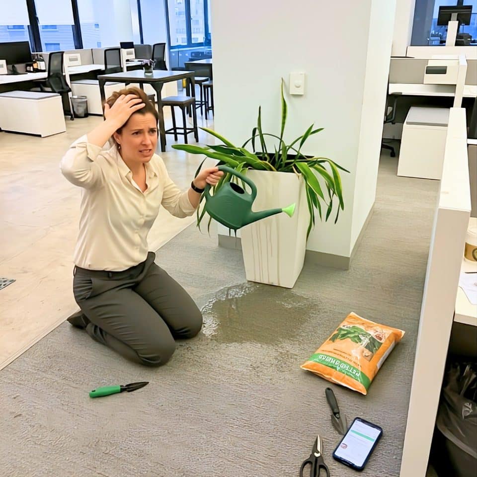 Office plant watering accident, spilled water next to woman holding watering can, indoor gardening mishap.