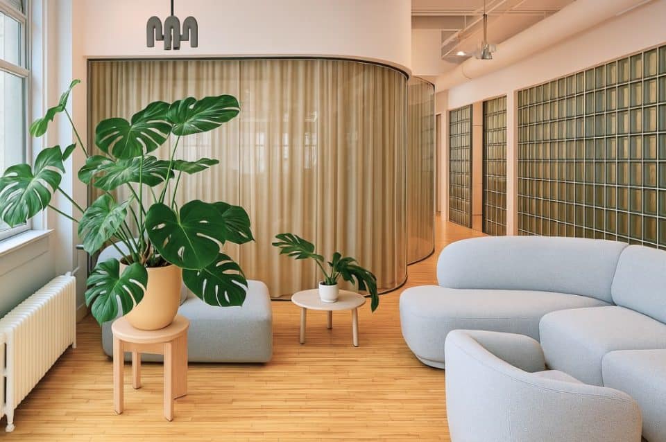Modern NYC office lounge with green plants, curved glass wall, and cozy seating.
