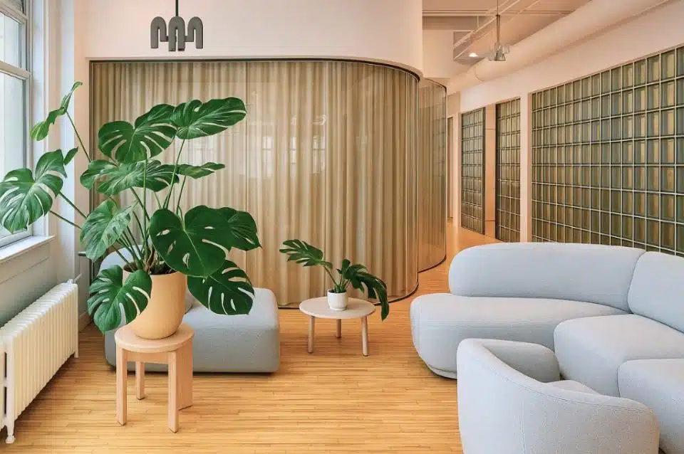 Modern NYC office lounge with green plants, curved glass wall, and cozy seating.